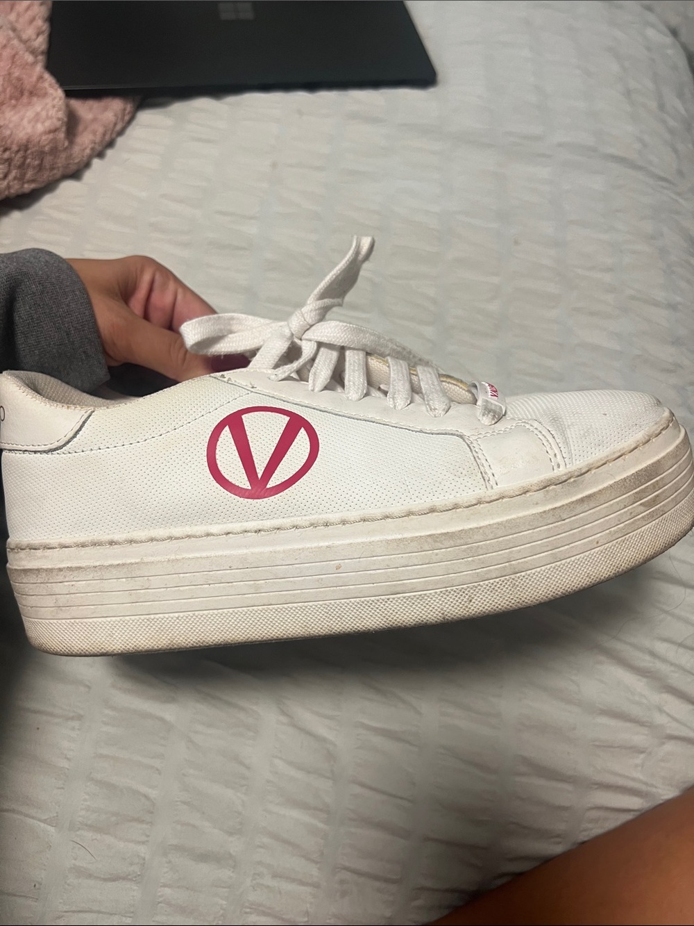 Valentino White Platform Lace-Up Sneaker with Pink V Logo